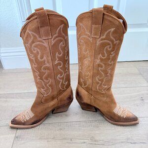 Made in Italy Embroidered Western Cowboy Boots Tan & White - Size EU 35 / US 5